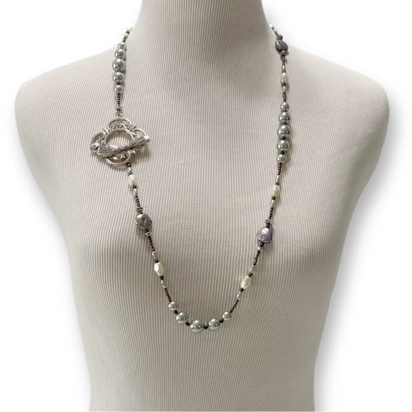 Handmade Long Fresh Water Ivory & Silver Pearl Necklace with Swarovski crystals - Picture 5 of 5
